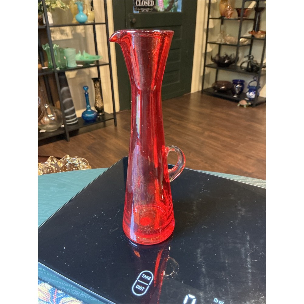 Vintage Lefton 8" Red Glass Pitcher Mid Century Modern w/ Clear Handle